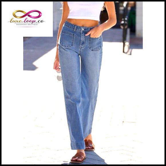 Wide Leg Jeans High Waisted Stretchy Straight Fit Loose Trendy Denim Pants - Picture 4 of 7